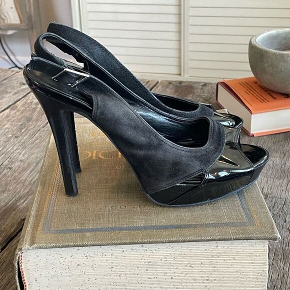 Pre-Owed BCBGEneration Womens Black Open Toe Slingback Upper Leather Heels Sz 8 - Picture 4 of 7